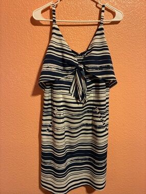 CAbi Navy and White Striped Strapless Tie-Front Dress